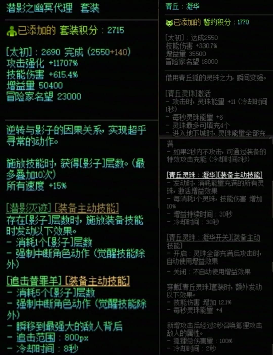 DNF潜影暗袭加青丘灵珠搭配属性一览