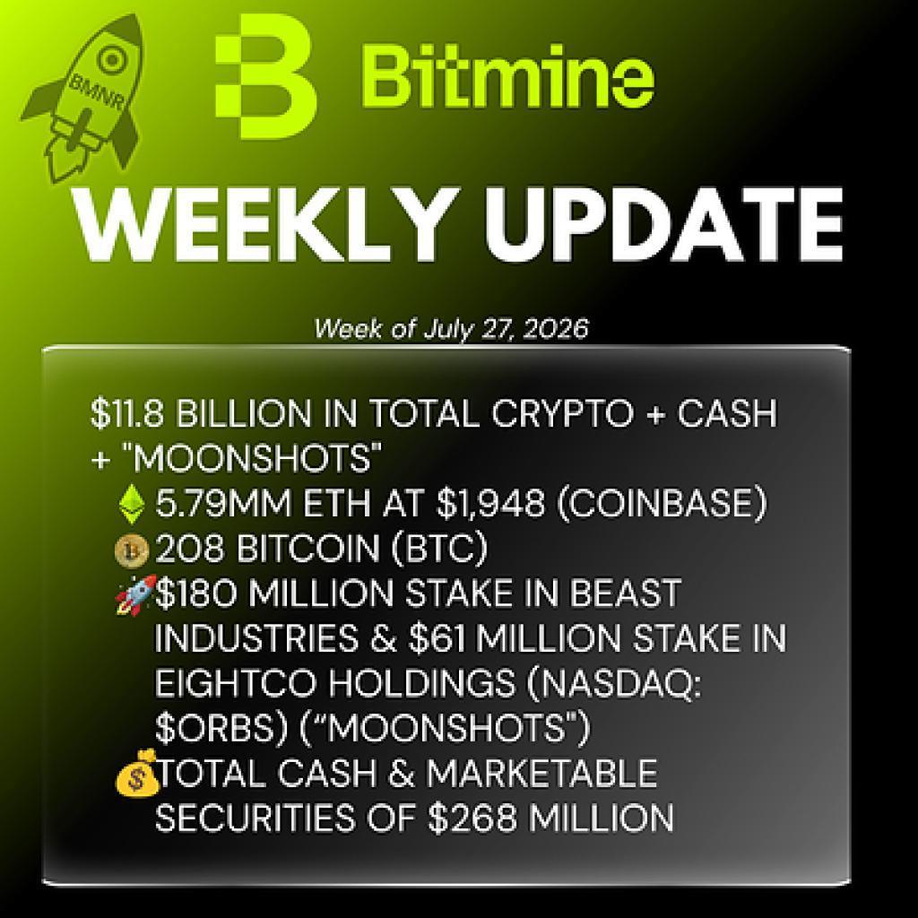 Bitmine Immersion Technologies (BMNR) 宣布以太坊持仓达579万枚，加密货币及现金总持有量达118亿美元
